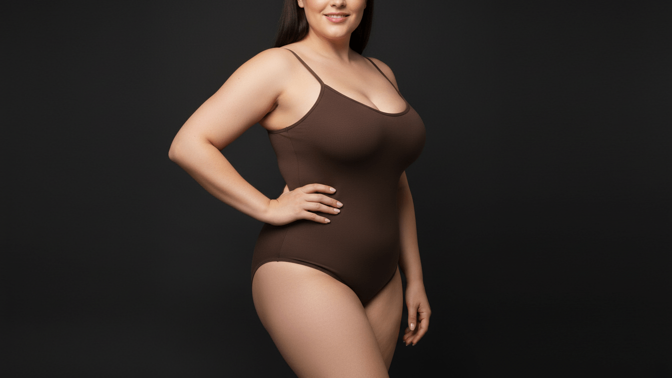 Woman wearing a brown bodysuit against a black background
