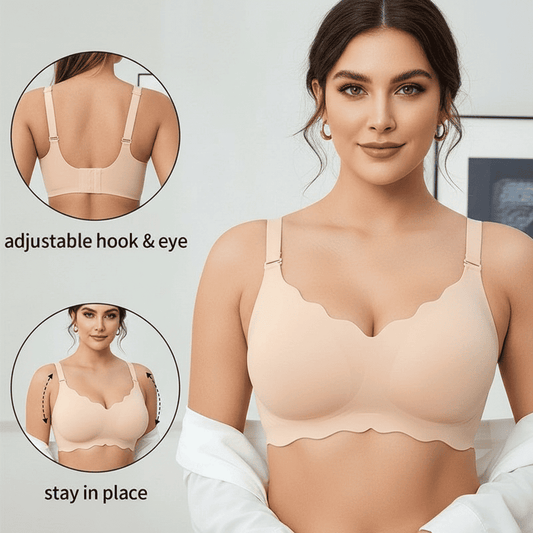 Woman wearing a beige bra with close-up insets showing adjustable hook and eye and staying in place.