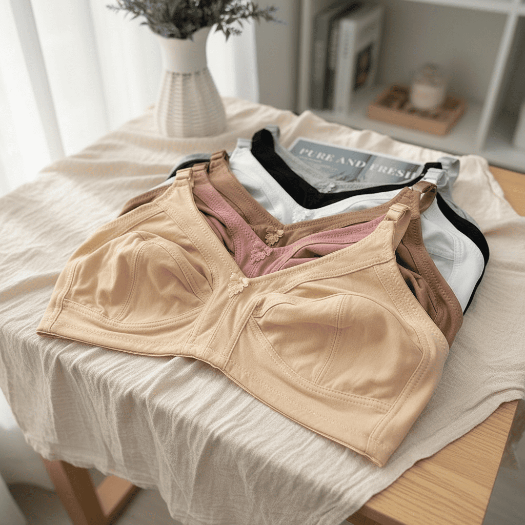 Beige bra on a wooden table with a magazine underneath, in a room setting.
