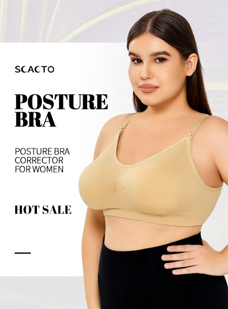 Woman wearing a beige posture bra with promotional text on a light gray background