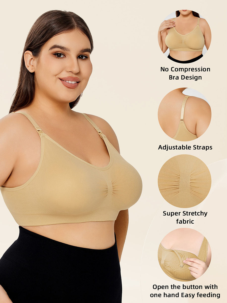 Woman wearing a beige no compression bra with features highlighted on a beige background