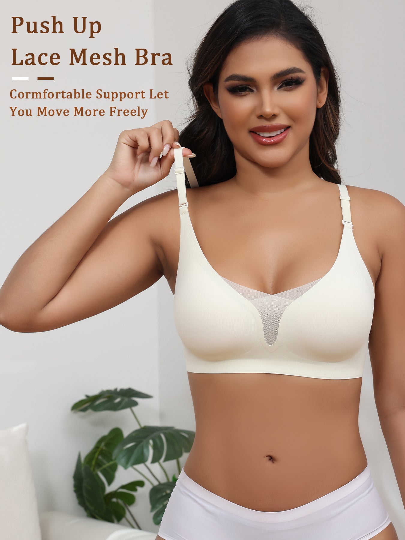 Woman wearing a white lace mesh bra with text about comfort and support.