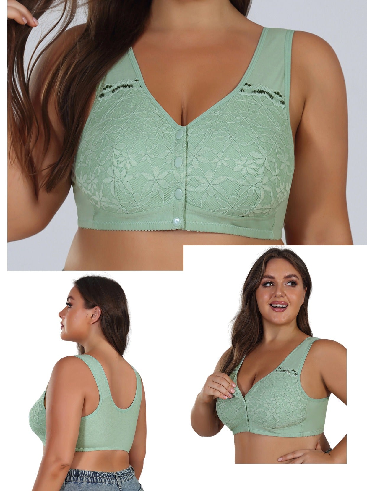 Green lace bralette worn by a model on a plain background