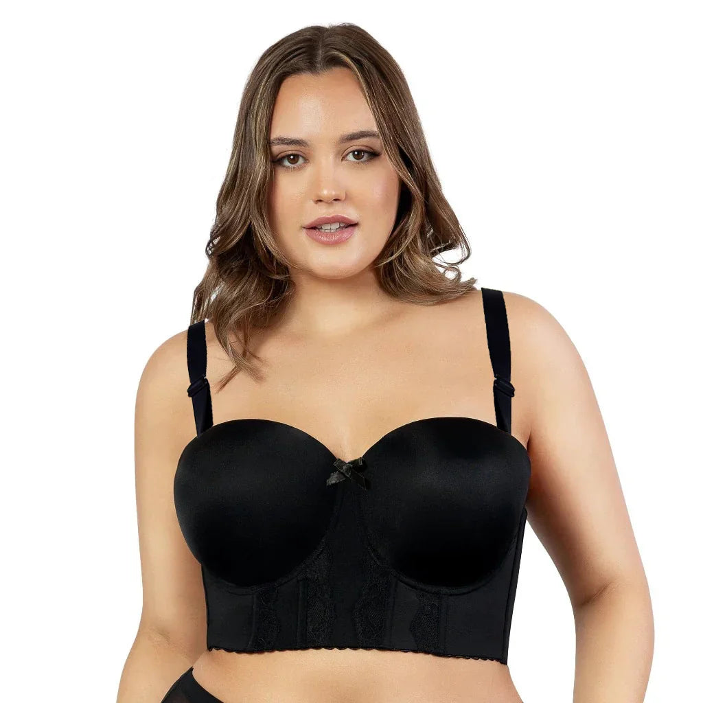 Woman wearing a black bra on a white background