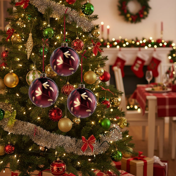Decorated Christmas tree with ornaments in a festive room setting.
