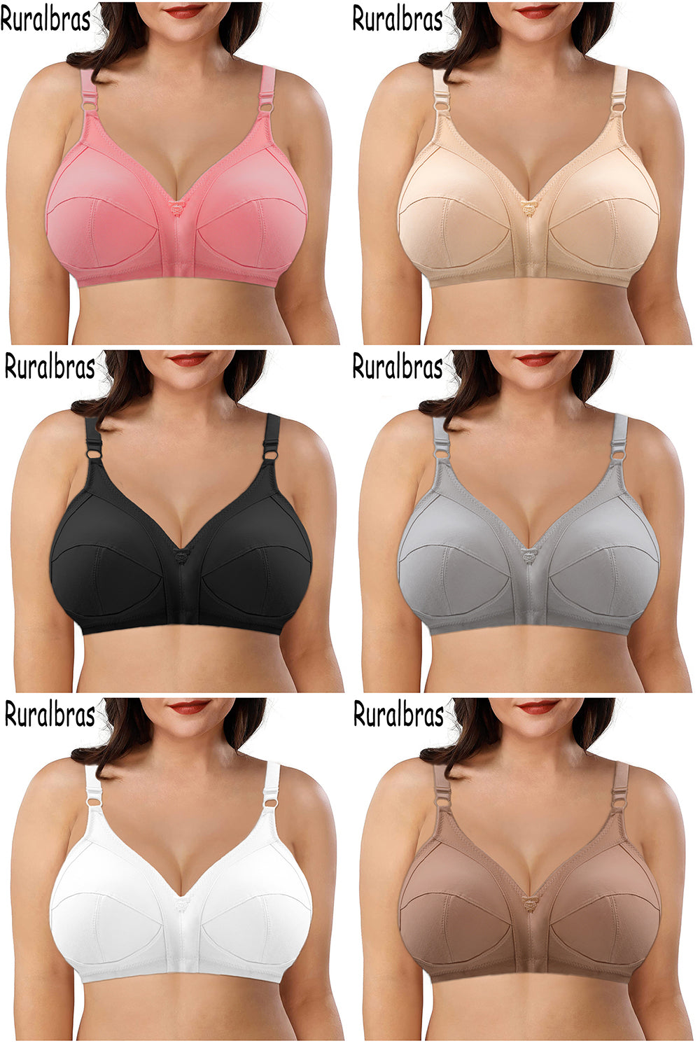 Collage of six bras in different colors worn by models on a white background with 'Ruralbras' branding.