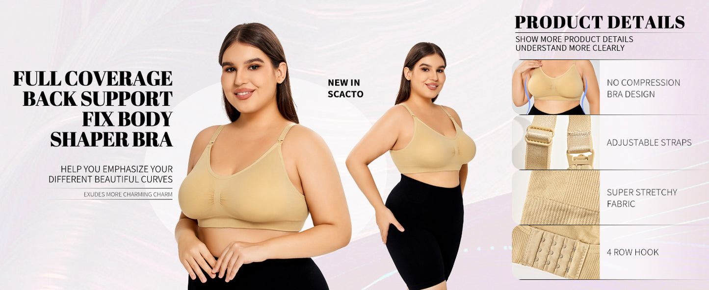 Promotional image of a full coverage back support shaper bra with product details on a white background.