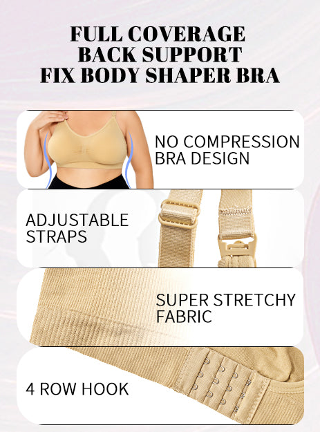 Full coverage back support fix body shaper bra with adjustable straps and super stretchy fabric on a white background.