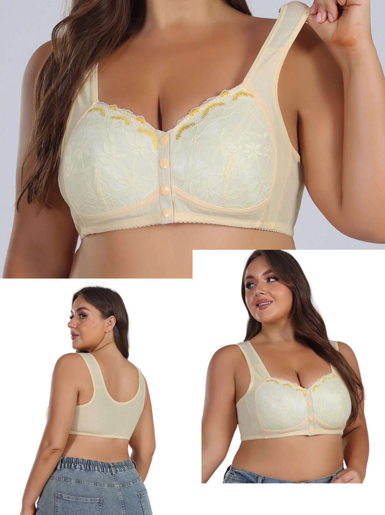 Woman wearing a beige bralette with lace details, shown from front, side, and back views.