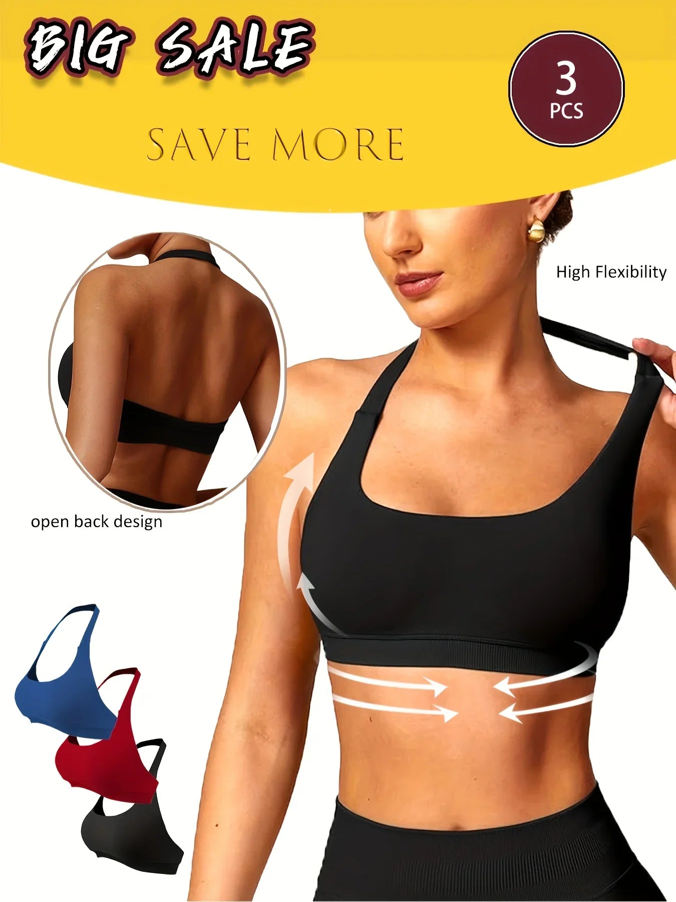 3-Pack Women’s Yoga Bras – Breathable, Seamless & Comfortable - LunaStore