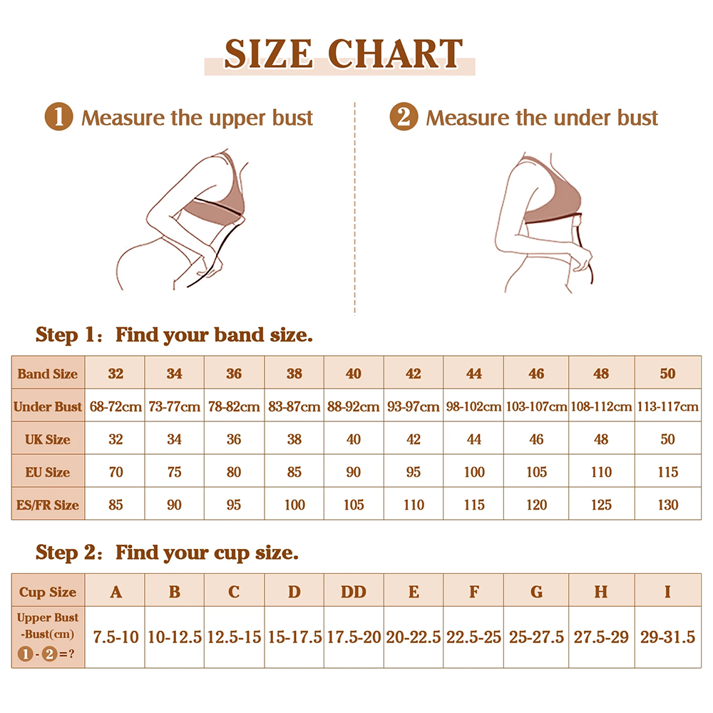 Size chart for measuring bra fit with illustrations of a person measuring bust sizes.