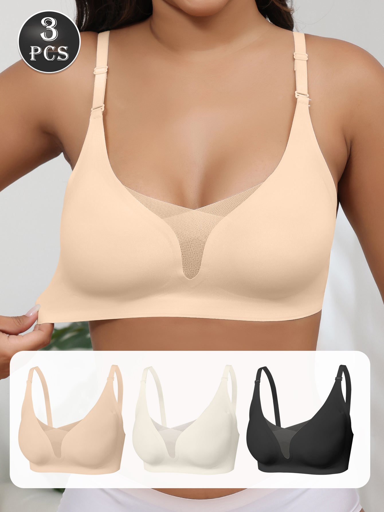 Beige bra with inset showing three color options on a neutral background