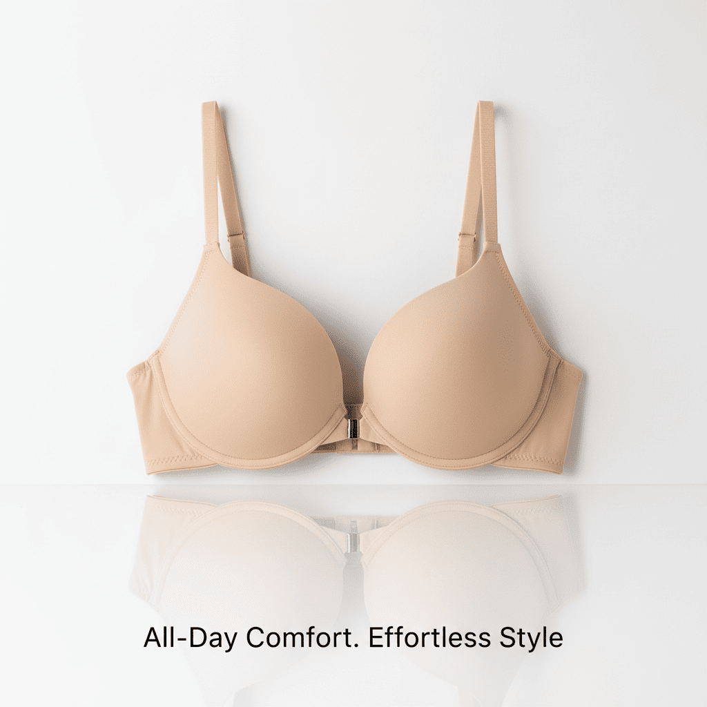 Beige bra on a white background with text 'All-Day Comfort. Effortless Style'.