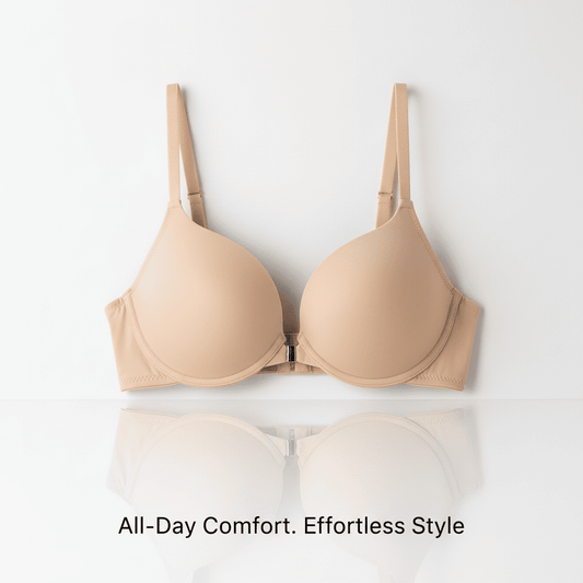 Beige bra on a white background with text 'All-Day Comfort. Effortless Style'.