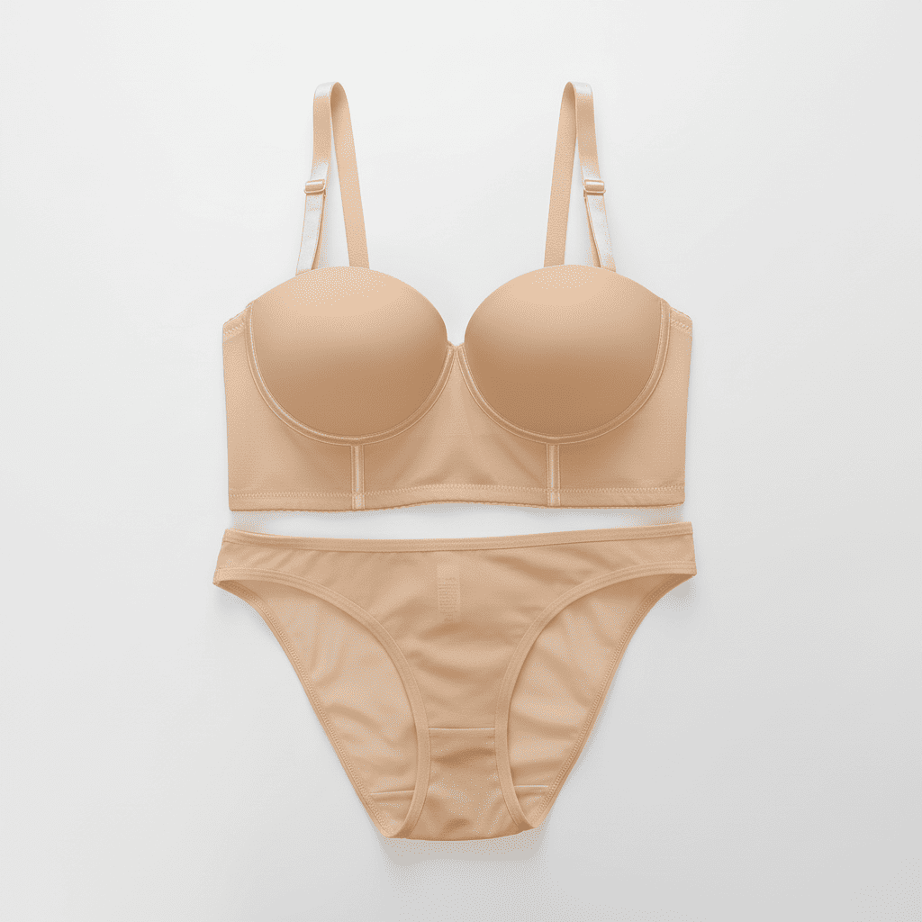 Beige bra and panties set on a light gray background