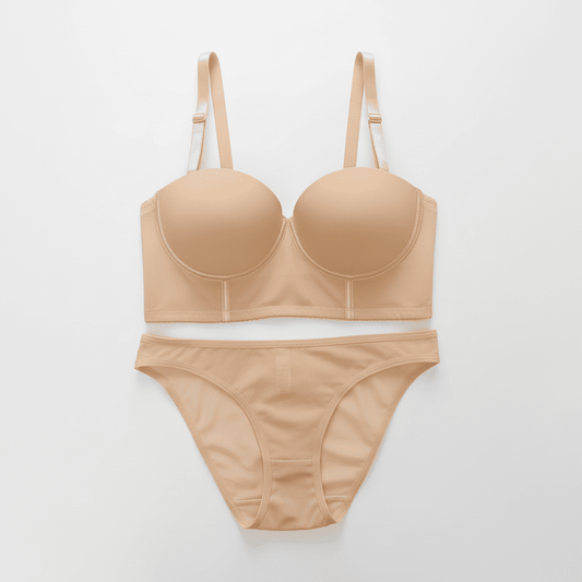 Beige bra and panties set on a light gray background