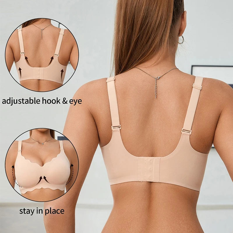 Beige bra with adjustable hook and eye mechanism on a plain background