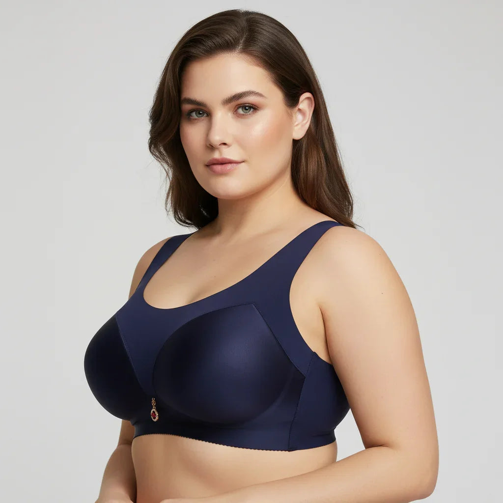 Woman wearing a navy blue bra against a light gray background