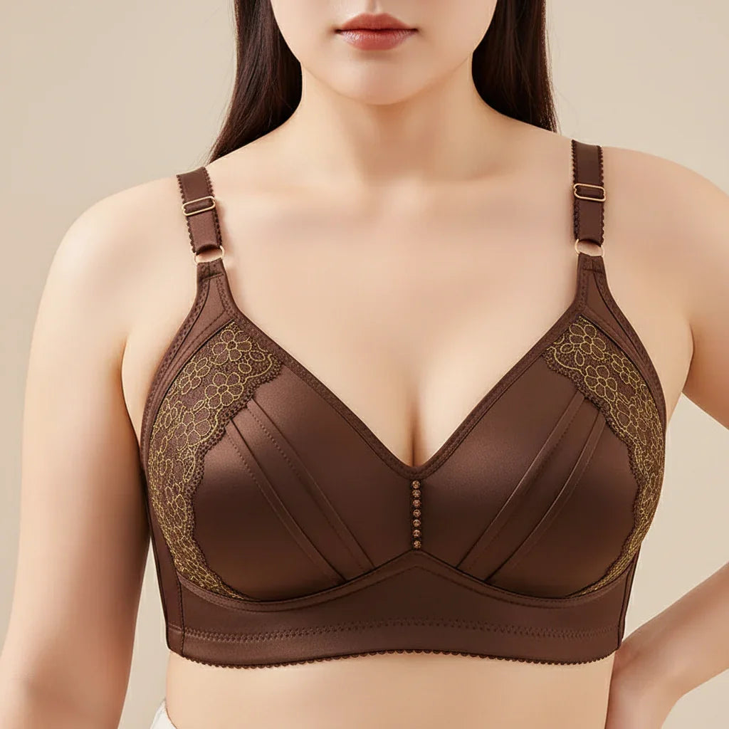 Brown bra with lace details on a beige background