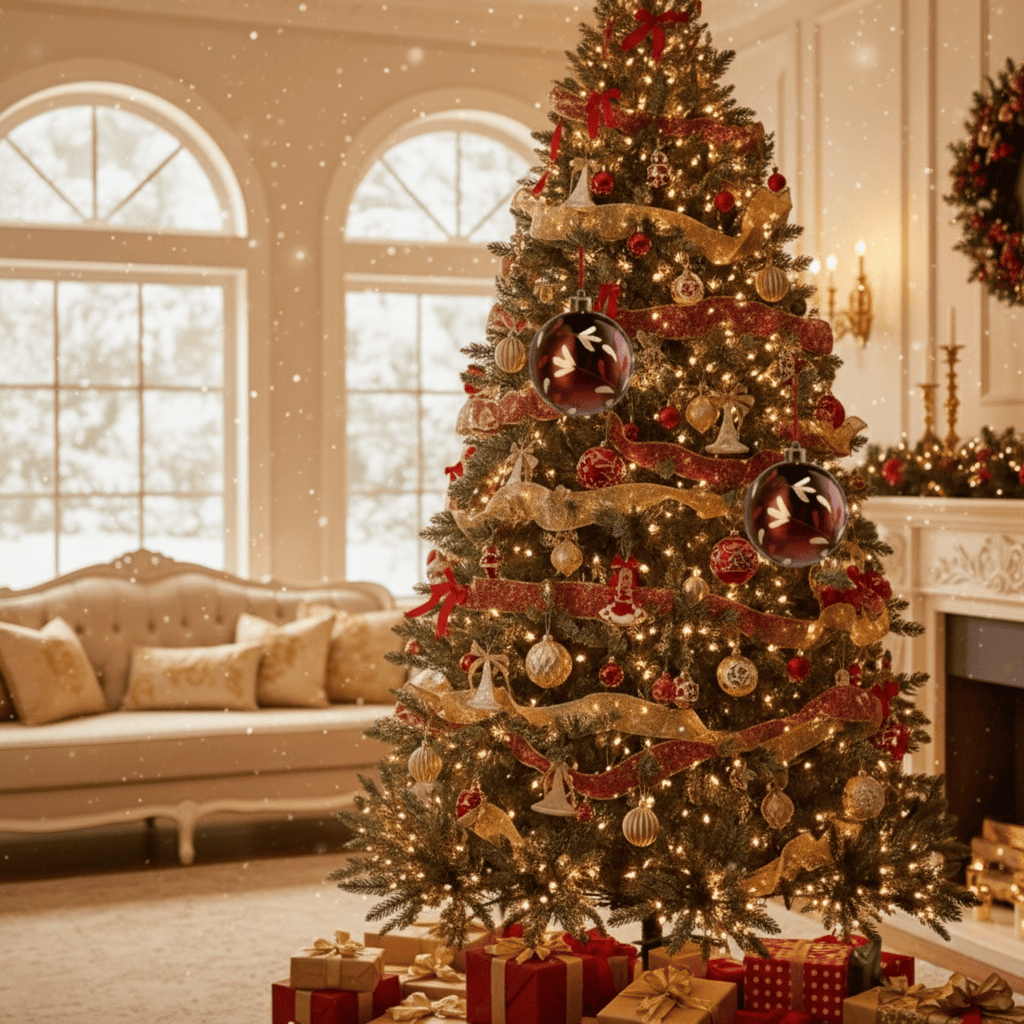 Decorated Christmas tree in a living room with lights and ornaments.