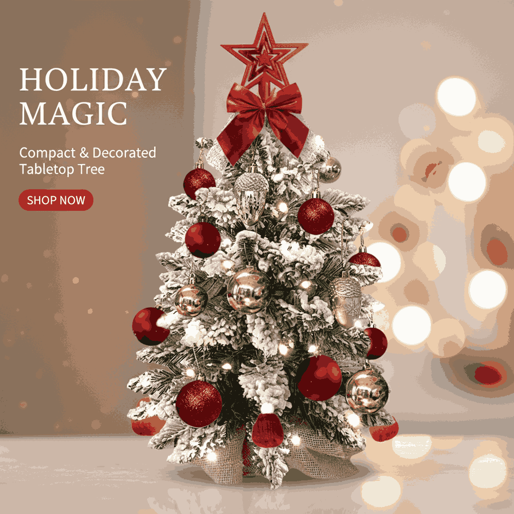 Decorated tabletop Christmas tree with red and gold ornaments on a blurred lights background