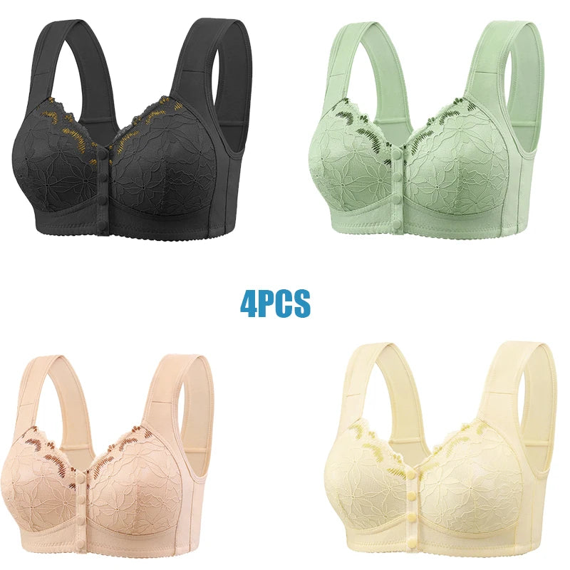 Four bras in black, green, beige, and yellow on a white background with '4PCS' text.