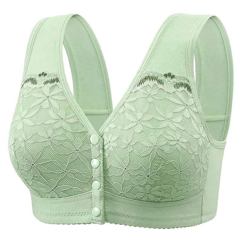 Light green bra with lace detailing on a white background