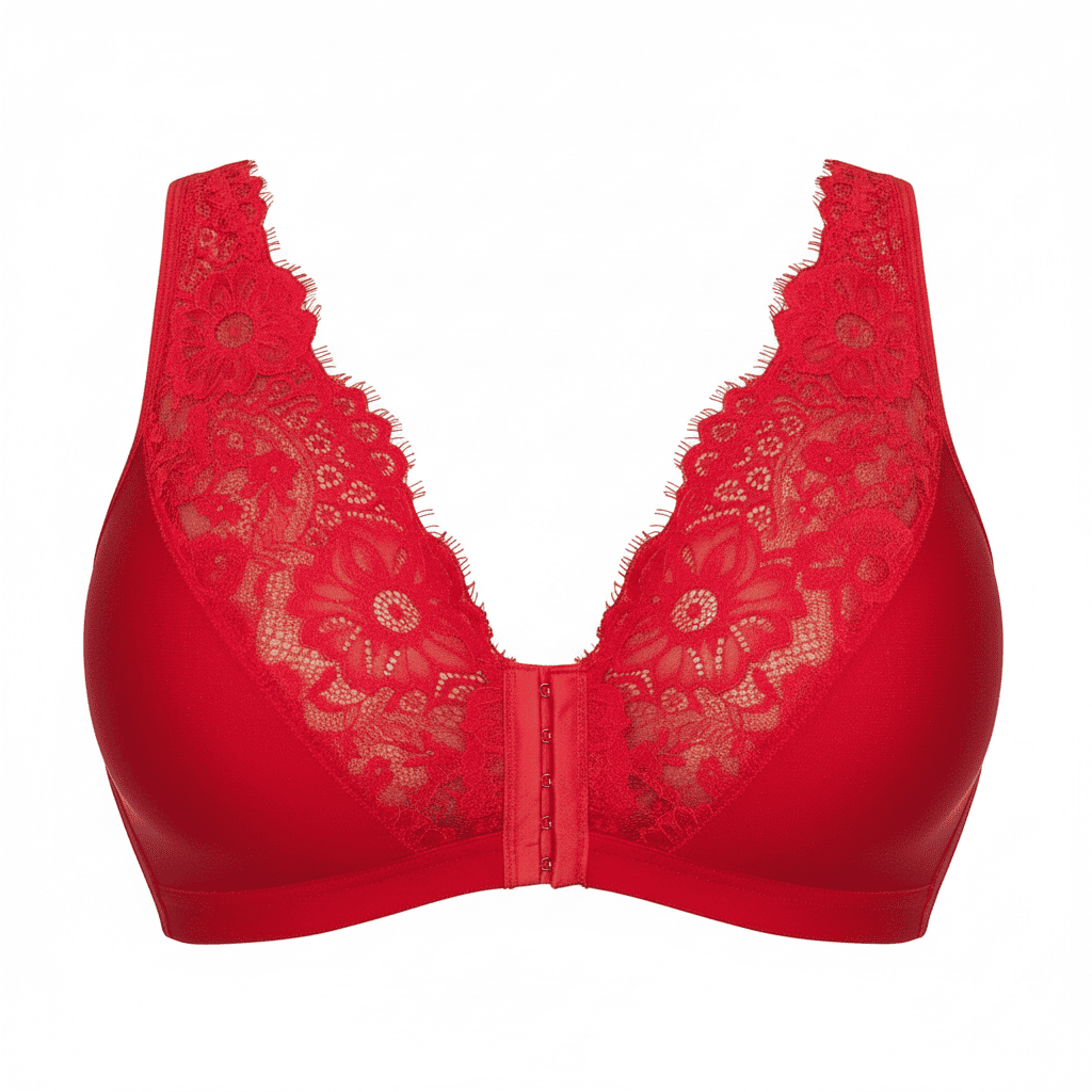 Red bra with lace detailing on a white background