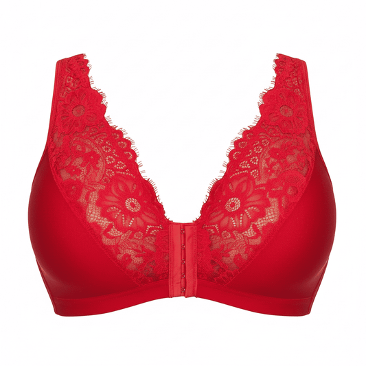 Red bra with lace detailing on a white background