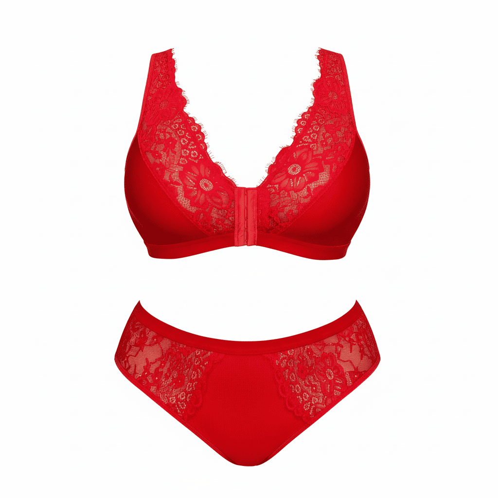 Red lace bra and panties set on a white background