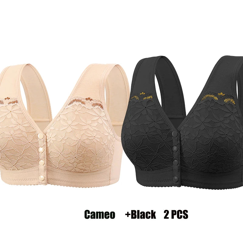 Two bras, one beige and one black, on a white background.