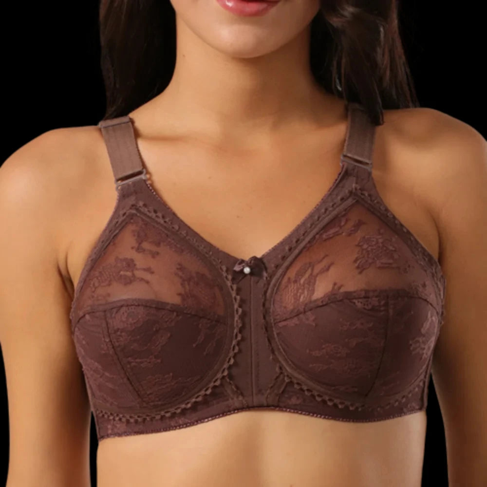Brown lace bra worn by a model on a black background