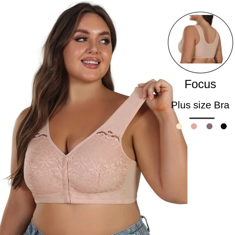 Woman wearing a beige plus size bra with a close-up inset showing the back of the bra.