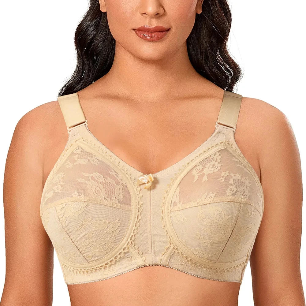 Beige bra with lace detailing worn by a model on a white background