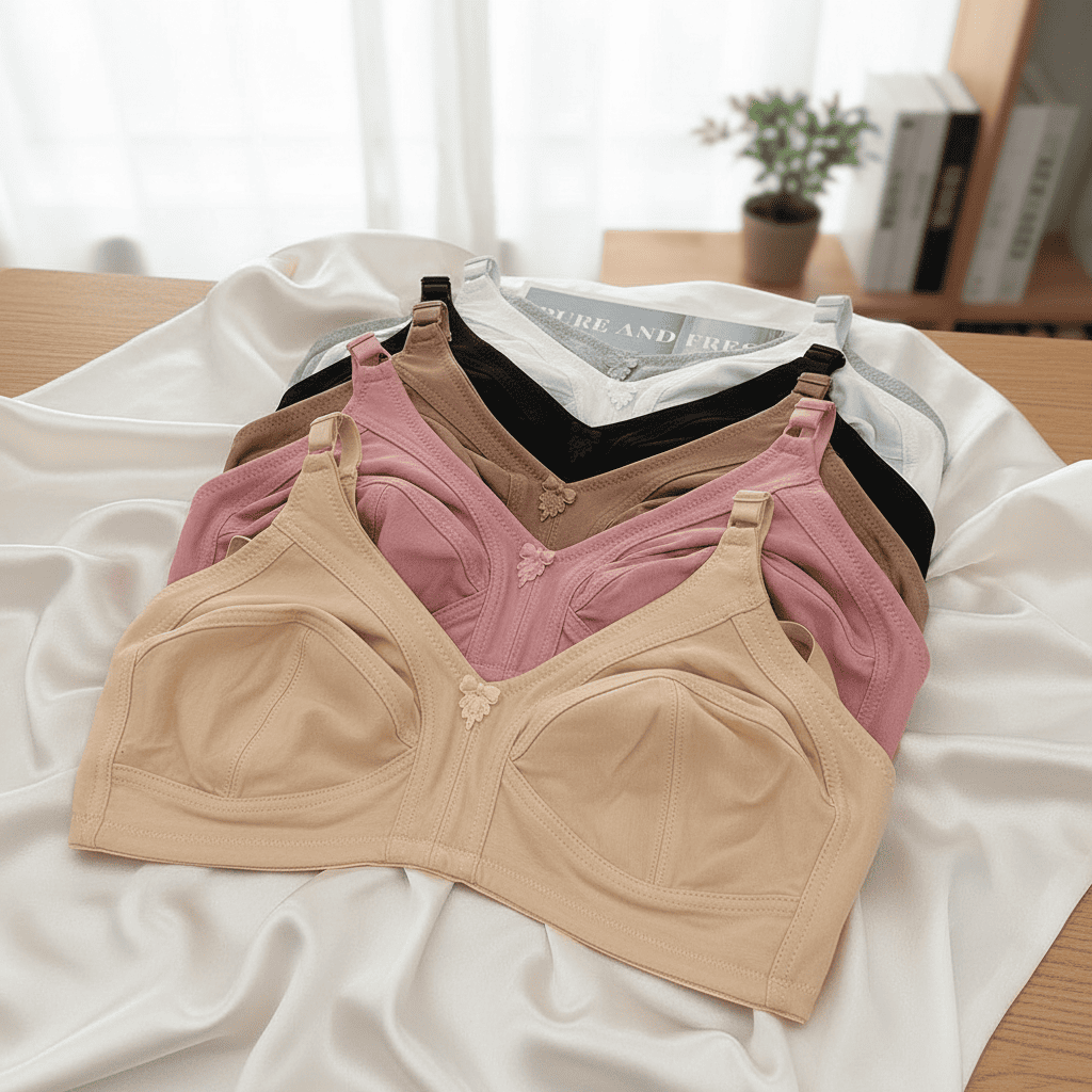 Three bras in beige, pink, and black on a white surface with a blurred background.