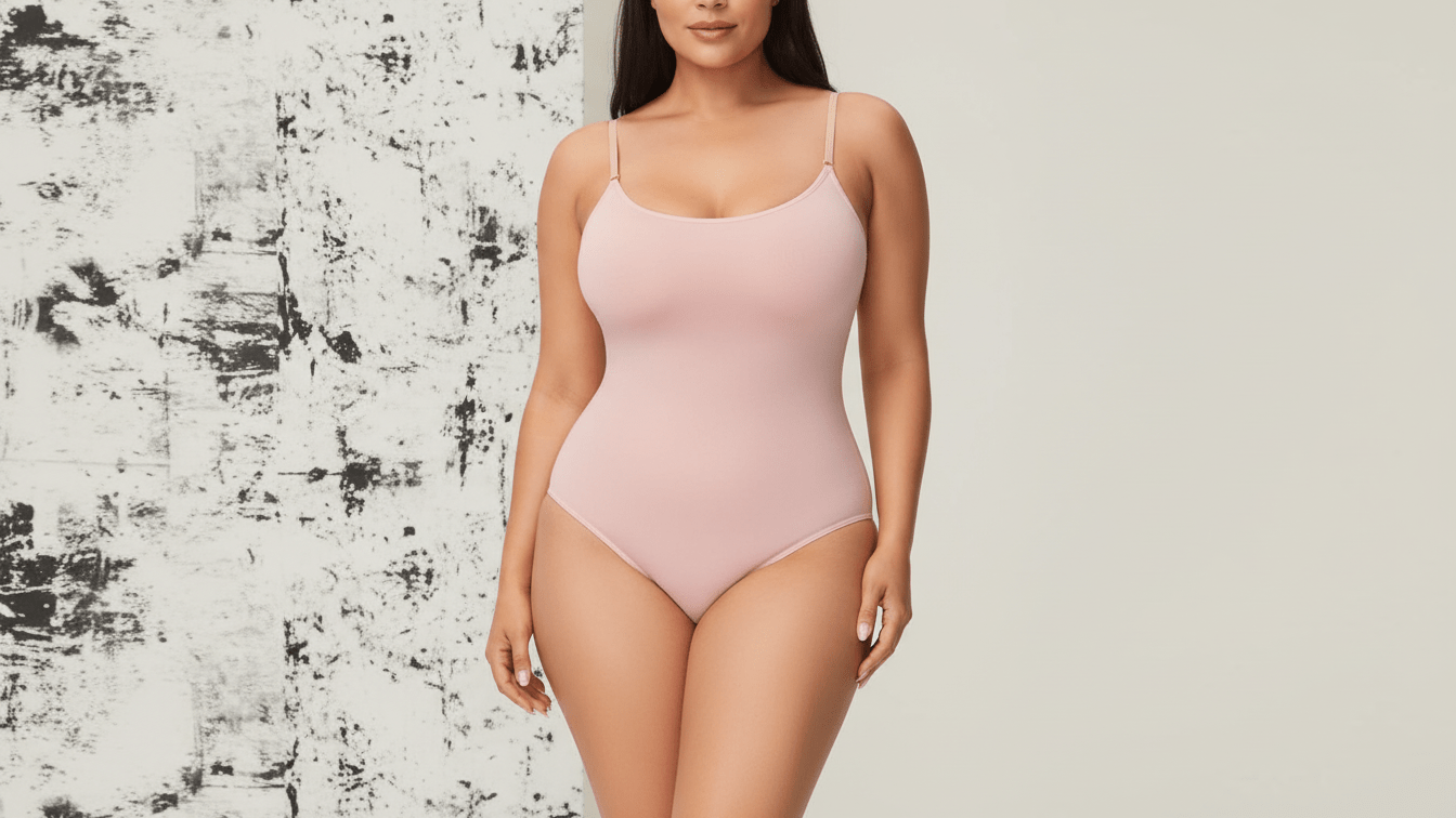 Woman wearing a pink bodysuit against a textured wall and plain background
