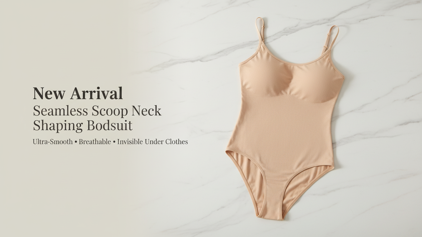Beige shaping bodysuit on a white background with text about new arrival and product features.