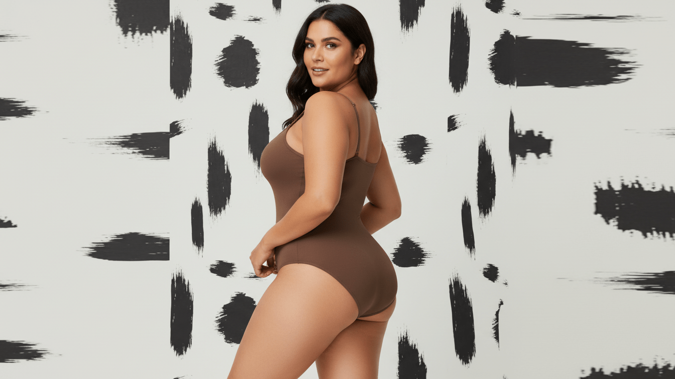 Woman wearing a brown bodysuit against a patterned background
