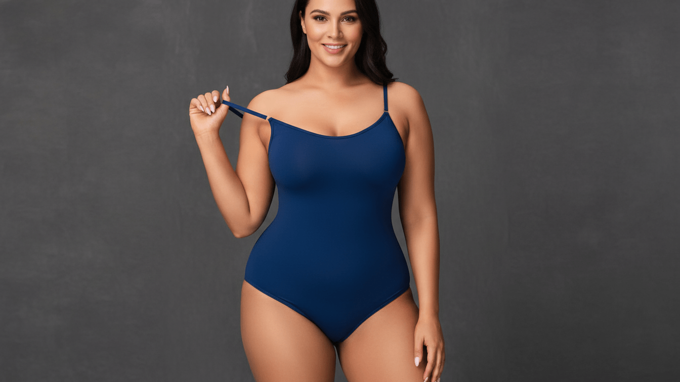 Woman wearing a blue swimsuit against a dark background