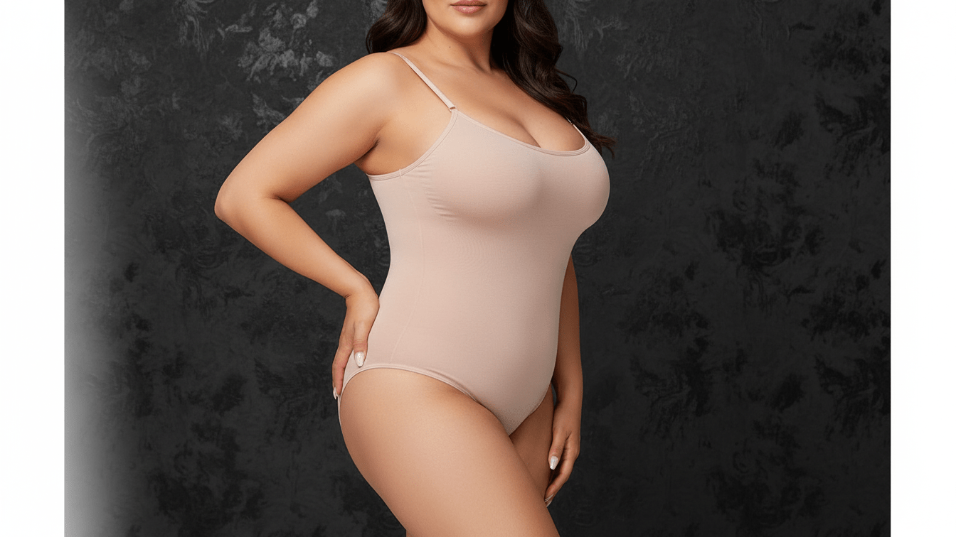 Woman wearing a beige bodysuit against a dark background