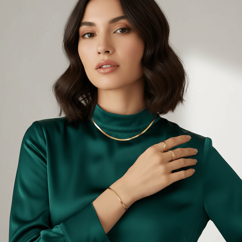 Woman wearing a green turtleneck with gold jewelry on a neutral background