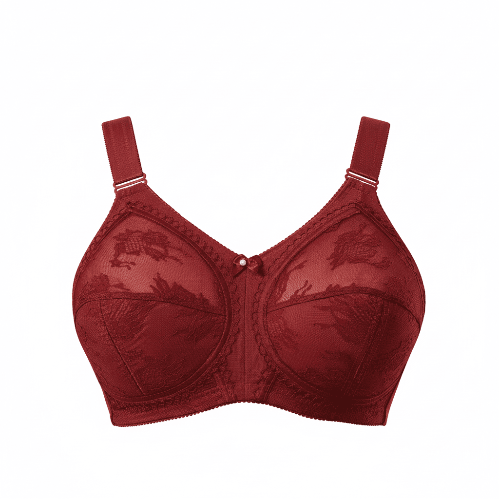 Red bra with floral lace details on a white background