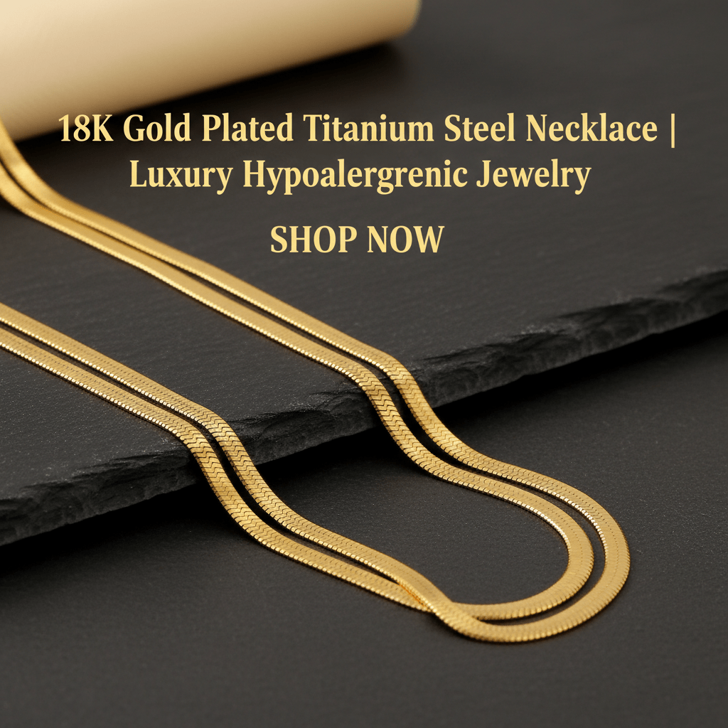 Gold-plated titanium steel necklace on a dark surface with promotional text.