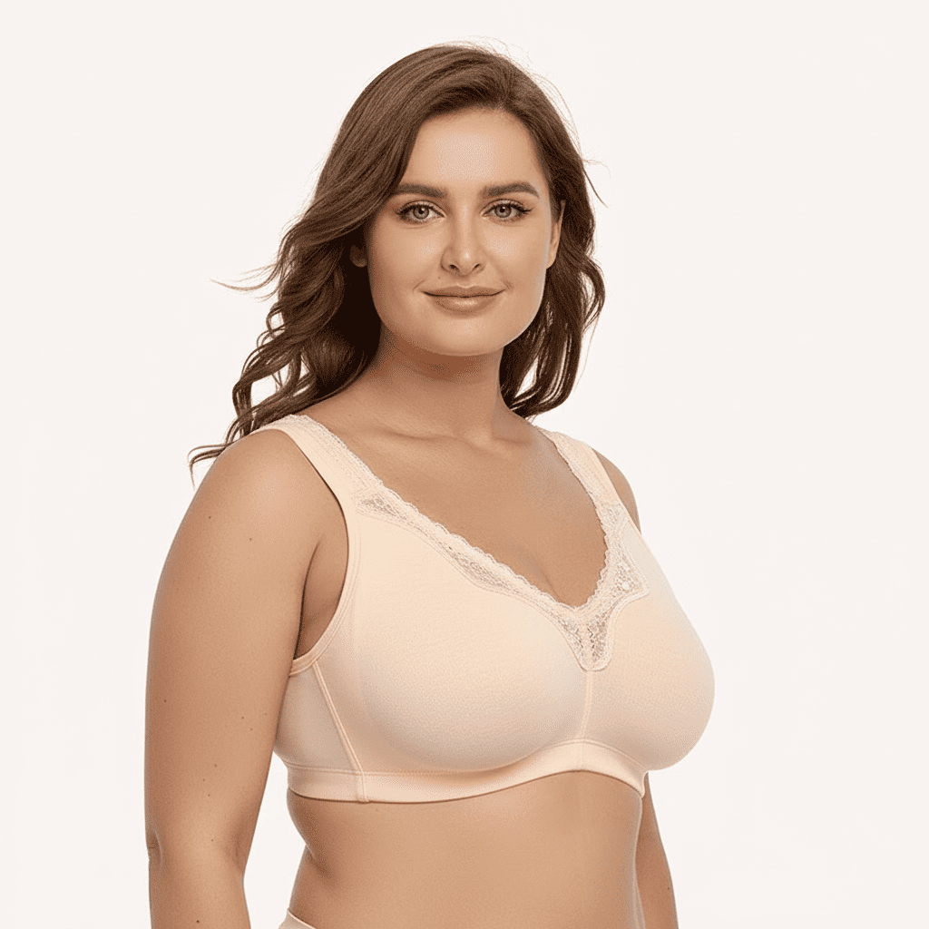 Woman wearing a beige bra on a plain background