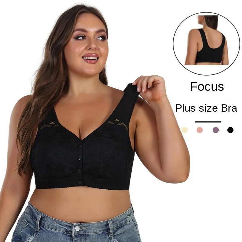 Woman wearing a black plus size bra with inset showing back view.