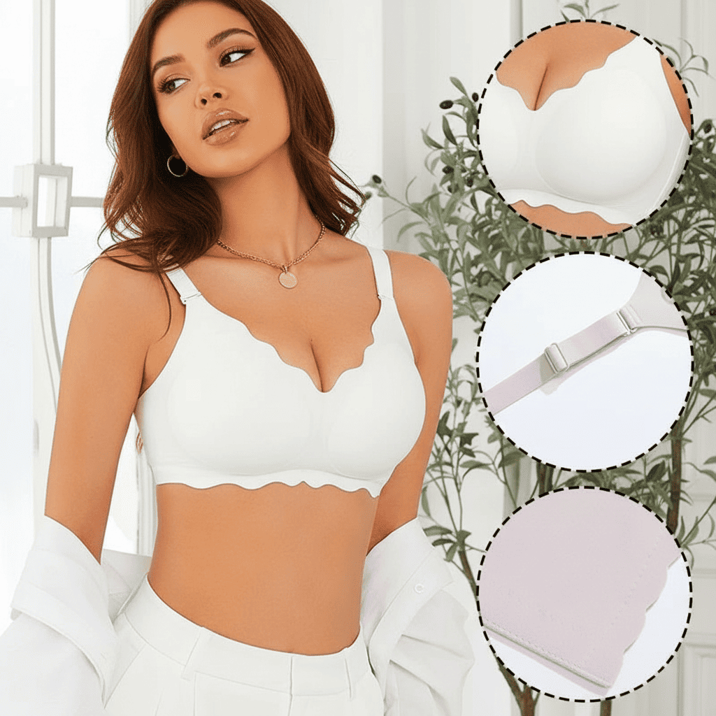 Woman wearing a white bralette with close-up insets of the straps and cup.
