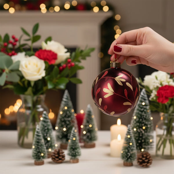 Hand holding a red Christmas ornament with floral patterns in a festive setting with candles and decorations.
