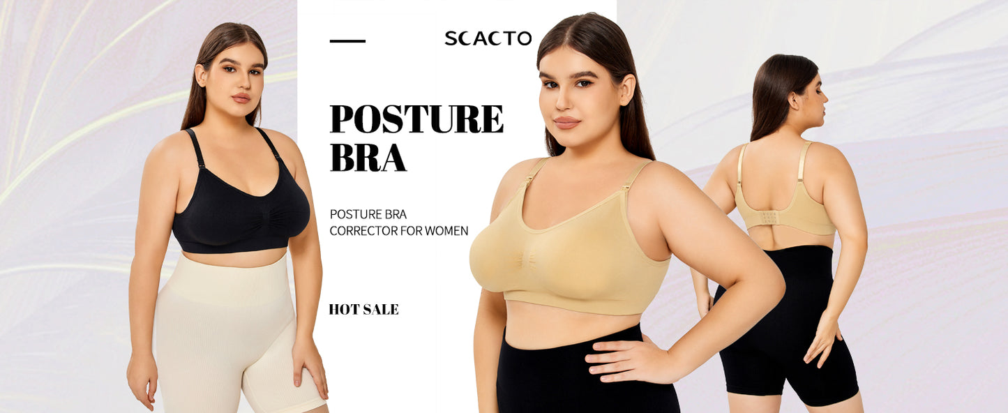 Woman wearing a posture bra with promotional text on a light gray background