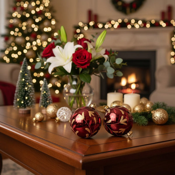 Decorative Christmas scene with red ornaments, flowers, and a fireplace.