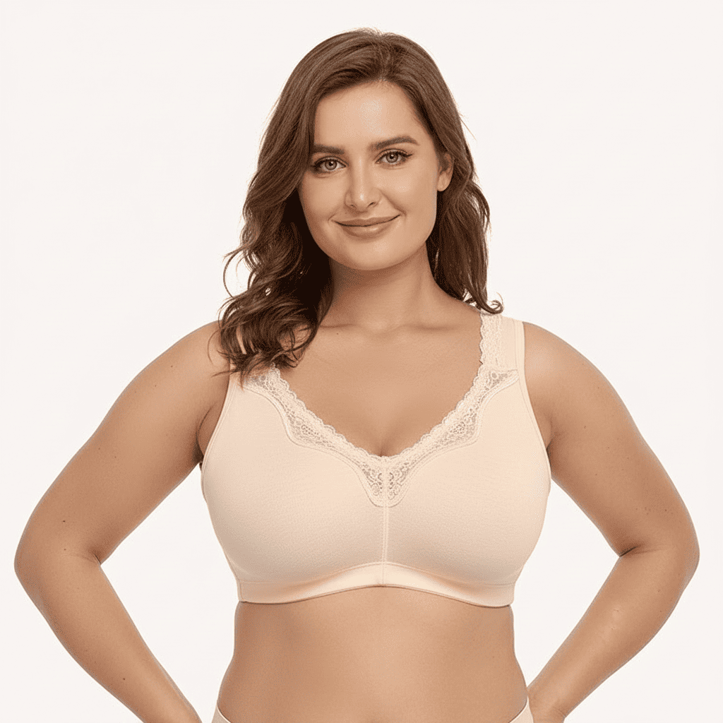 Woman wearing a beige bralette against a plain background